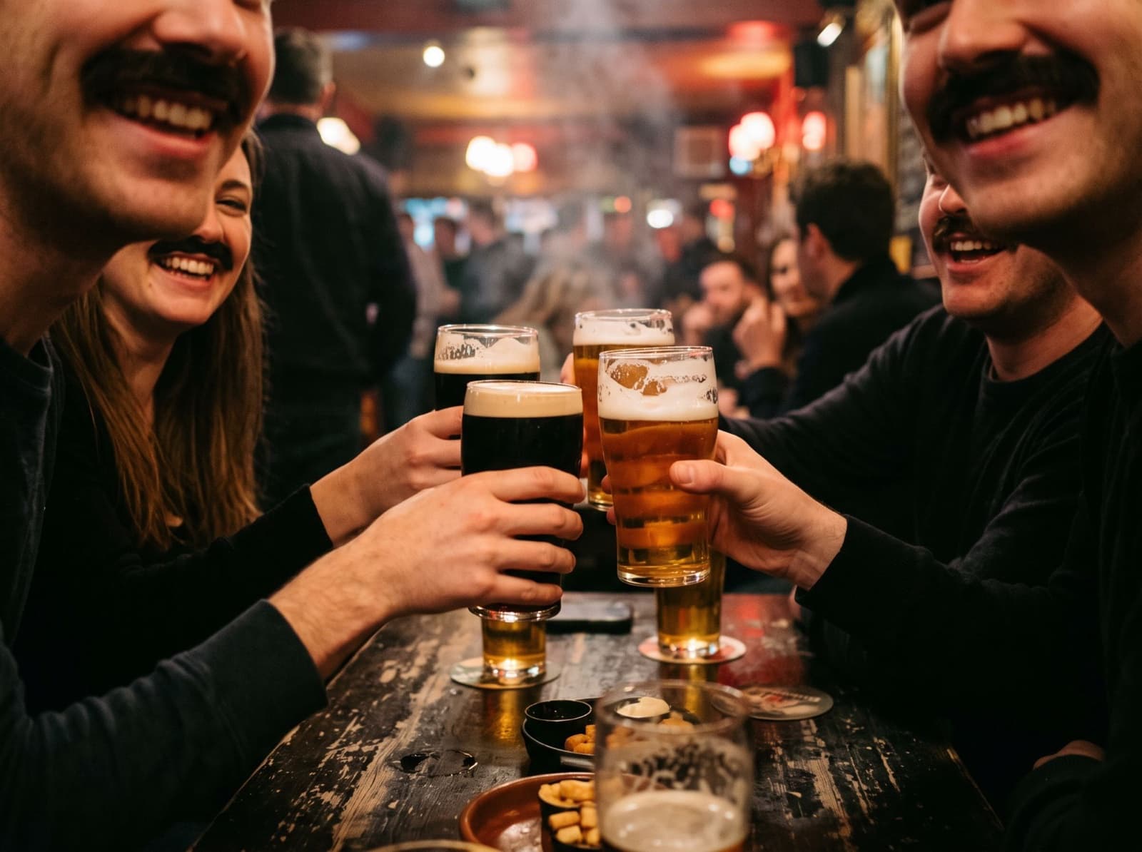 Friends with moustaches raising their beers in the pub