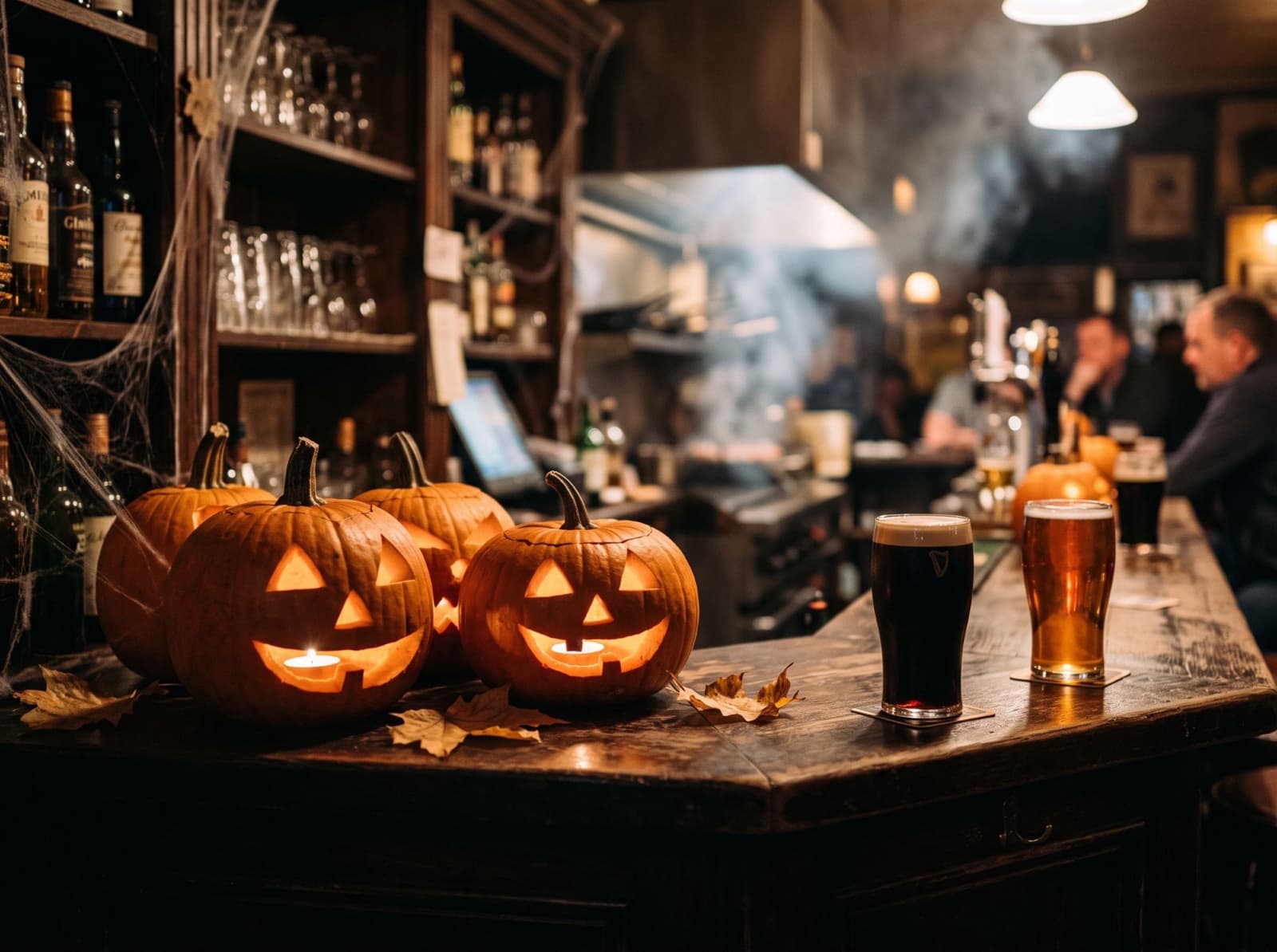 Candlelit carved pumpkins and two pints of beer on the corner of the bar