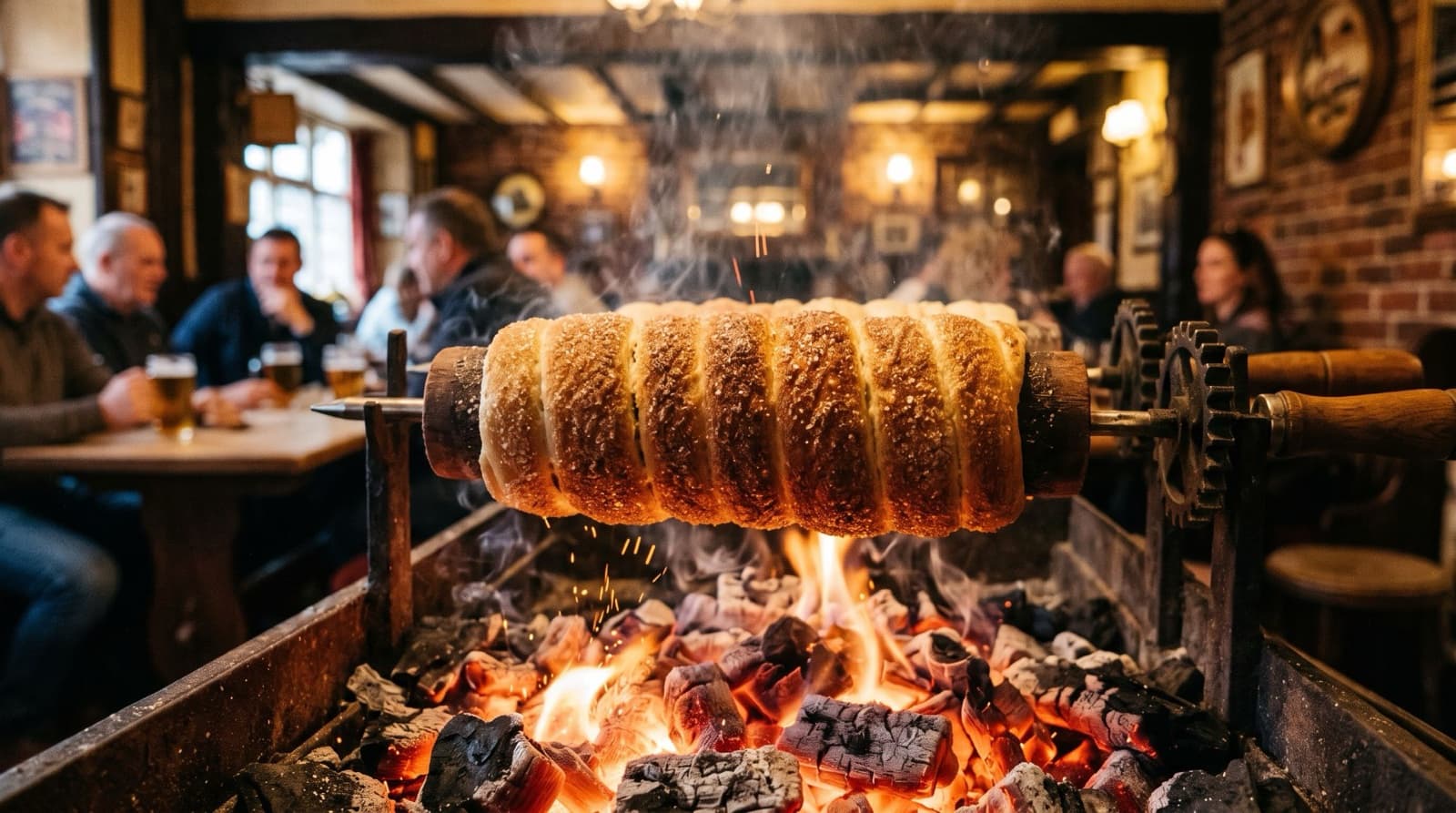 Kürtőskalács sül a parázs fölött egy pubban