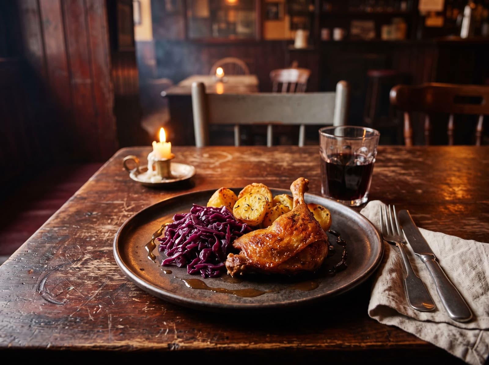 Roast goose leg with braised red cabbage, roast potatoes and a glass of red wine