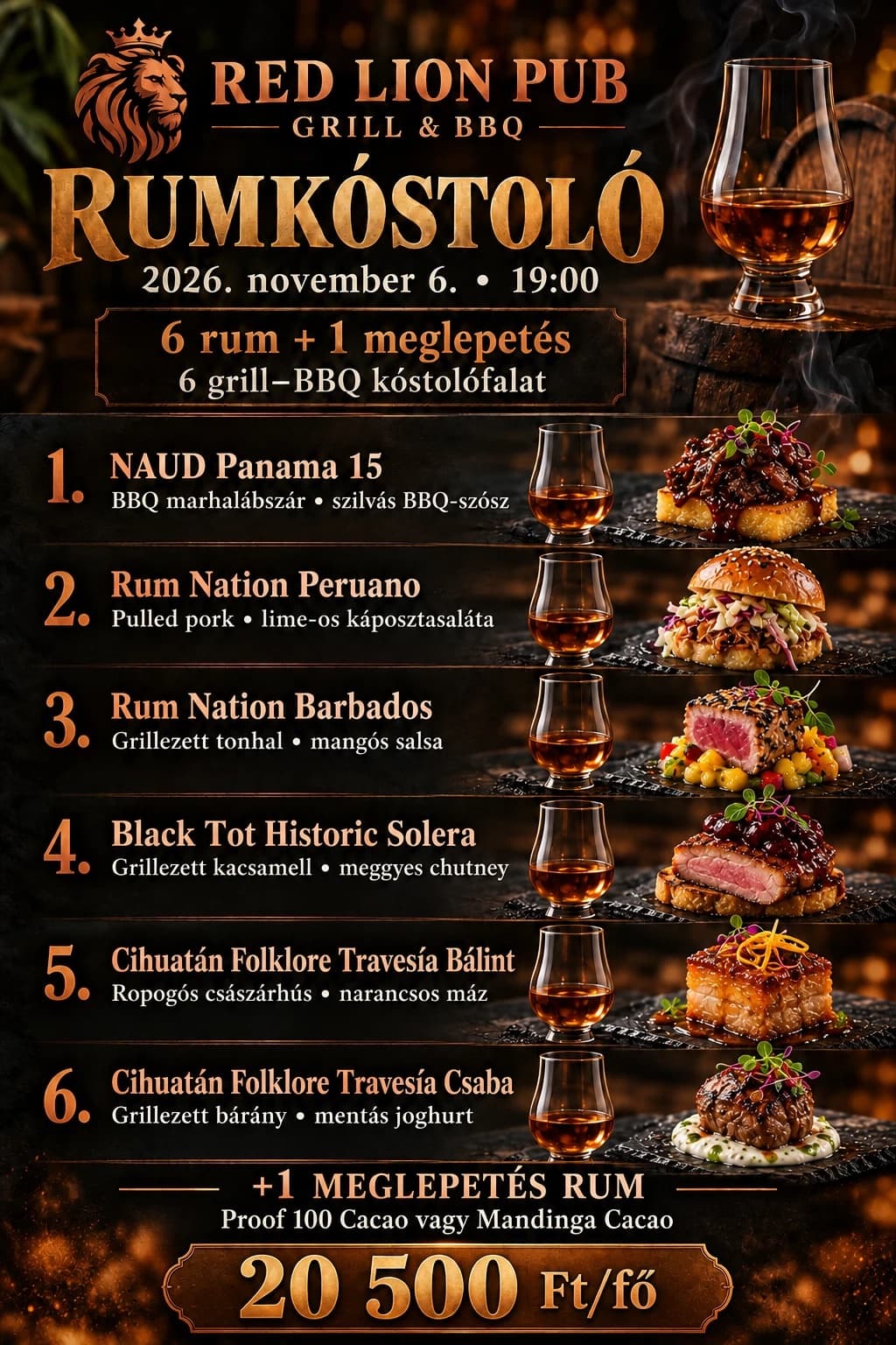 Rum tasting on 6 November: six rums and a surprise, with six grill and BBQ tasting bites, 20,500 HUF per person